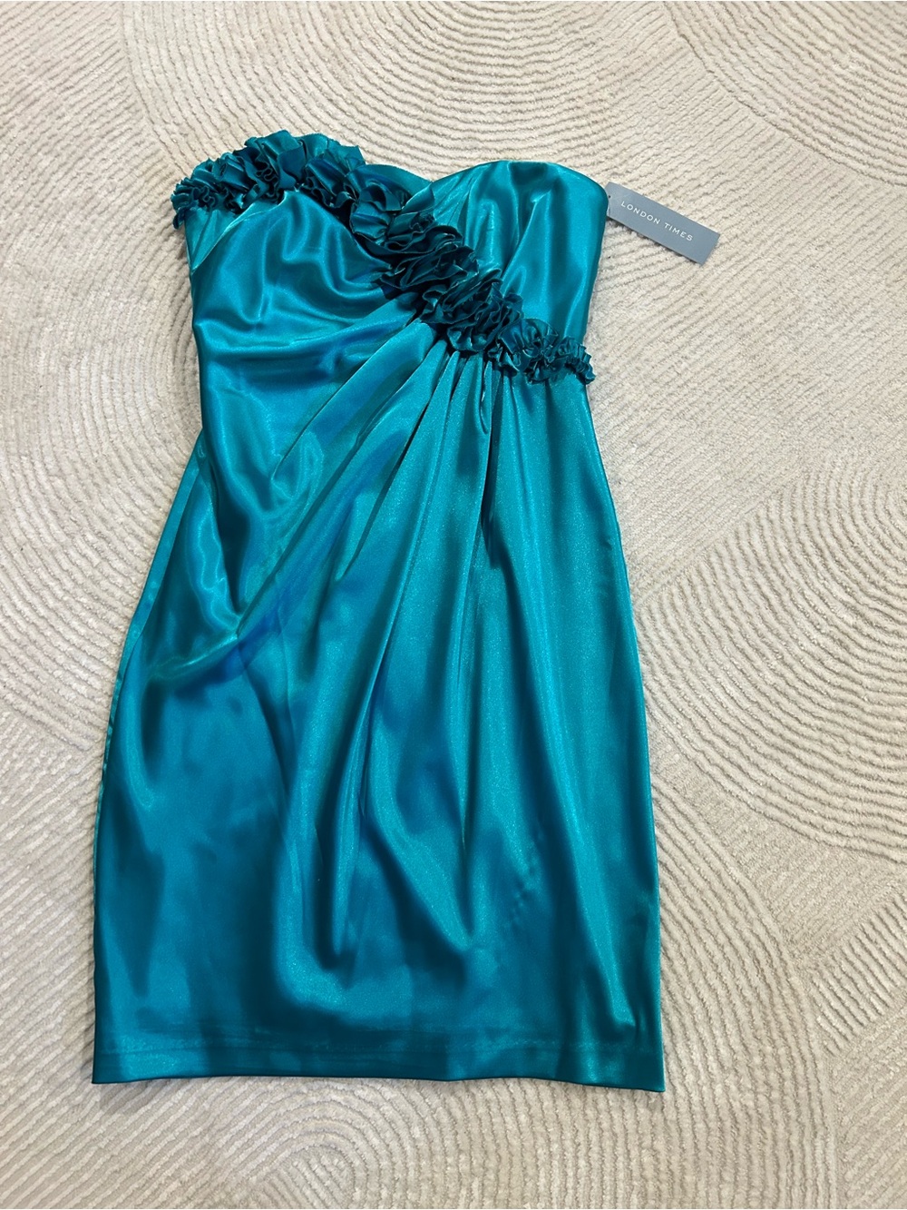 London Times Teal Strapless Satin Sheath Dress with Floral Trim